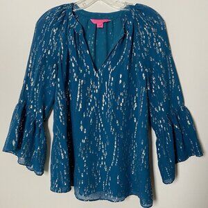 Lilly Pulitzer Matilda Top Blouse Womens Sz XS Blue Green Silk Chiffon